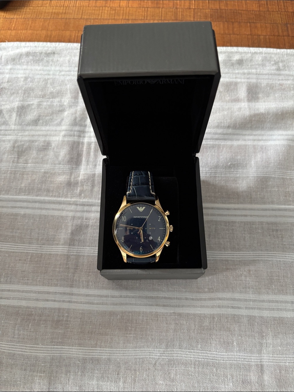 Emporio Armani Gold and Navy Leather Chronograph Watch